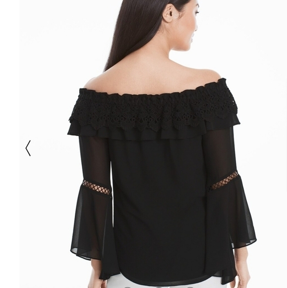 White House Black Market Off The Shoulder Crochet Trim Bell Sleeve Black Blouse - Picture 2 of 9